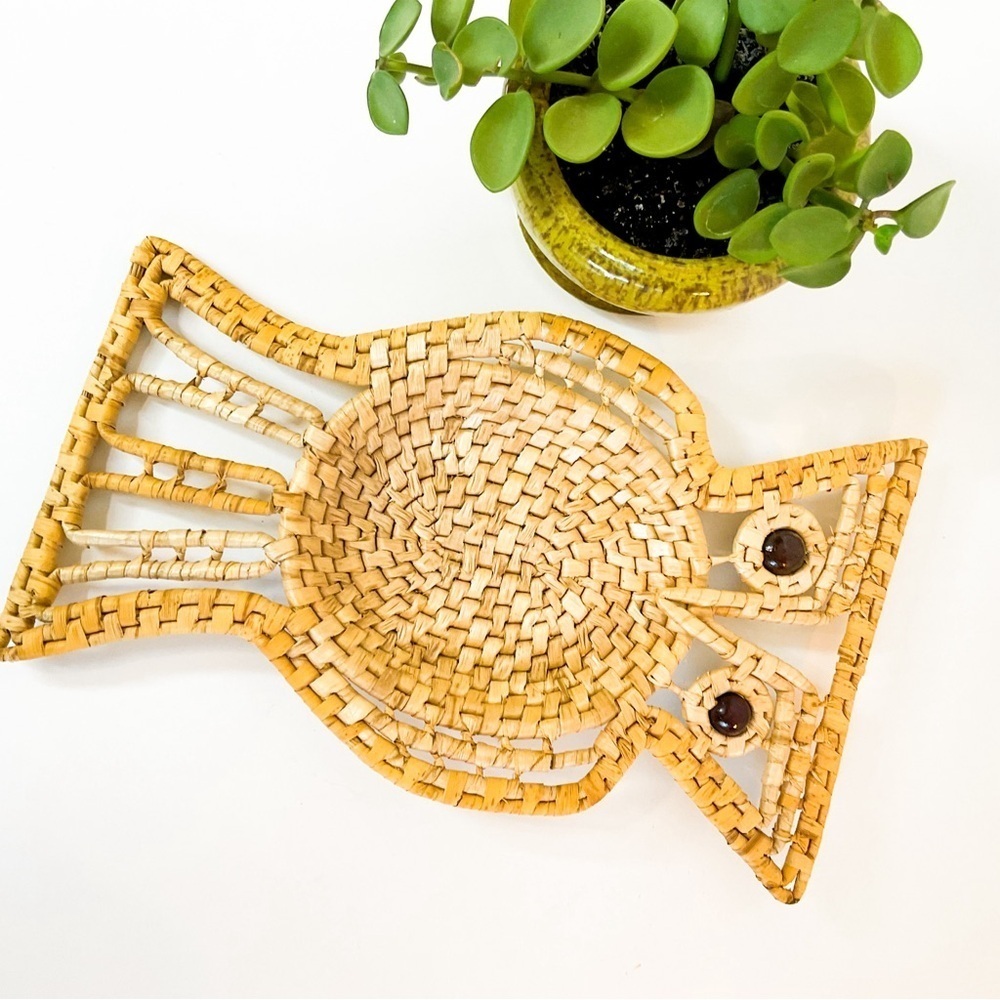 Vintage Wicker Owl Wall Art Tray Boho MCM Rattan
